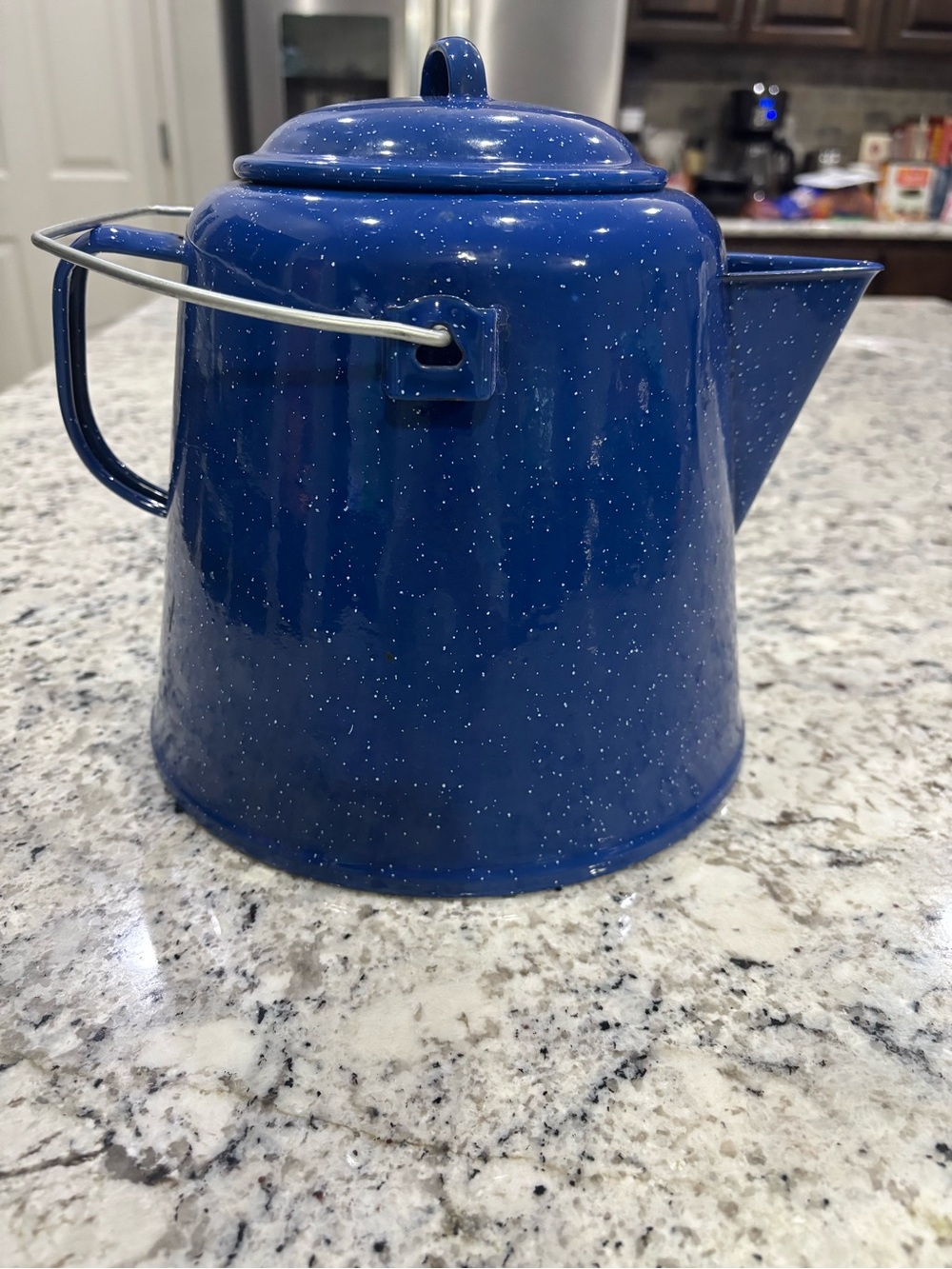 Vintage Inspired Blue Speckled Enamelware Coffee Pot Kettle | Cottagecore